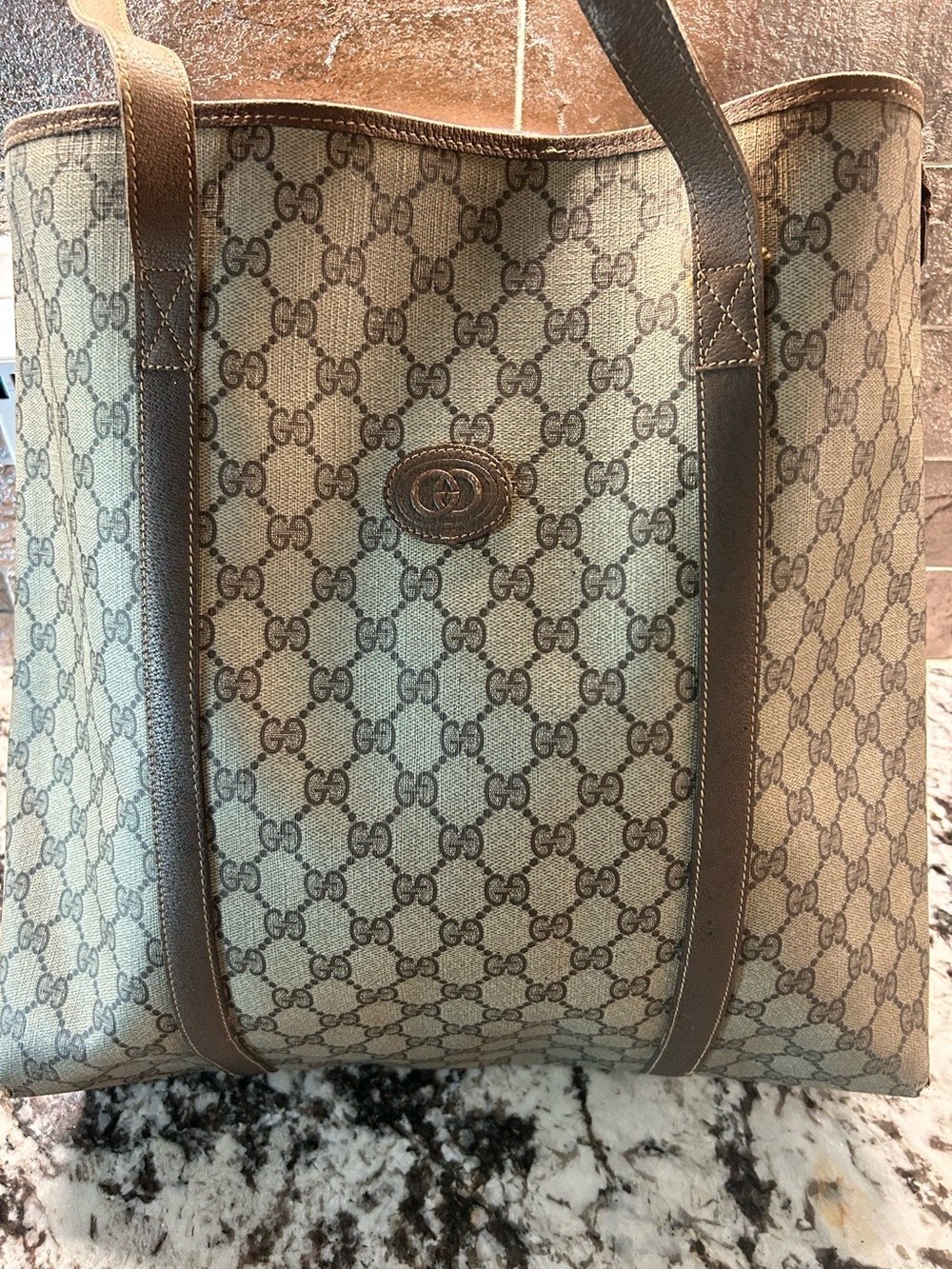 Gucci vtg Monogram GG Canvas Tote with Leather Trim